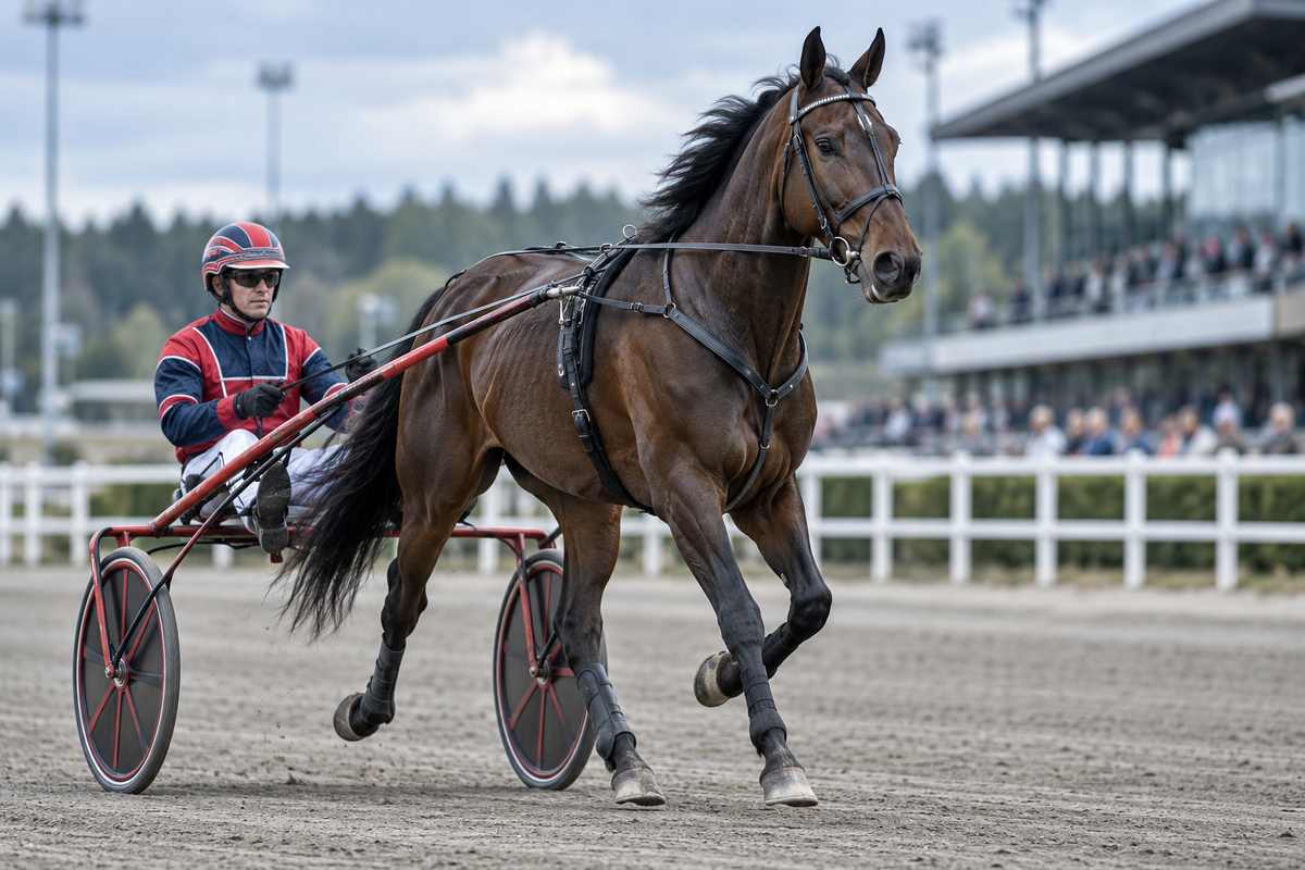 Kusk i röd dress bakom travhäst med startnummer